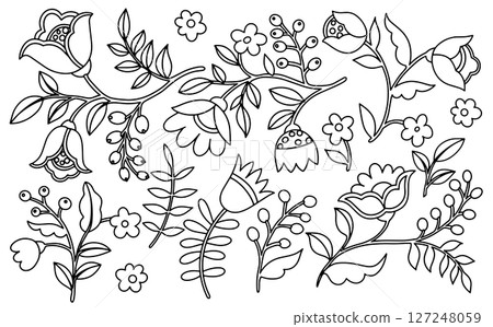 Coloring book. Set of abstract fantasy flowers and leaves in folk style. Vector illustration in doodle style 127248059