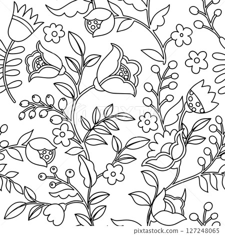 Coloring book. Seamless pattern of abstract fantasy flowers in folk style. Vector illustration in doodle style Coloring book. Seamless pattern of abstract fantasy flowers in folk style. Vector illustration in doodle style 127248065