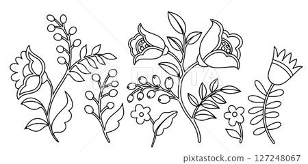 Coloring book. Set of abstract fantasy flowers, berries and leaves in folk style. Vector illustration in doodle style	 127248067