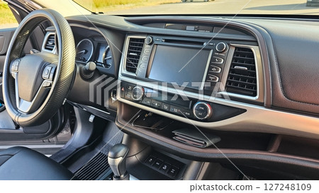 Car Interior View Dashboard, Steering Wheel and Console Offering Comfortable Ride Experience Car Interior View Dashboard, Steering Wheel and Console Offering Comfortable Ride Experience 127248109