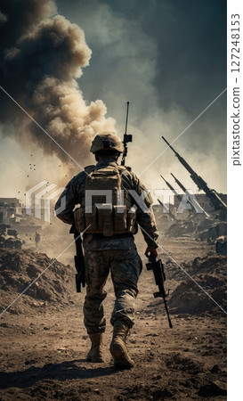 Soldier in combat zone, armed with a rifle and wearing protective gear stands amid smoke and flames. 127248153