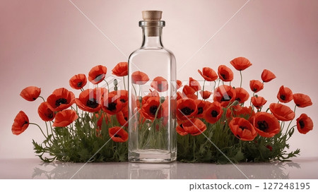 Graceful glass bottle filled with fresh red poppies standing on a soft pink background for decoration 127248195