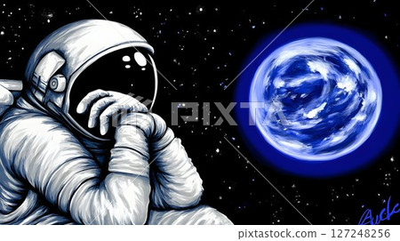 Contemplative astronaut gazing at earth from space digital painting 127248256