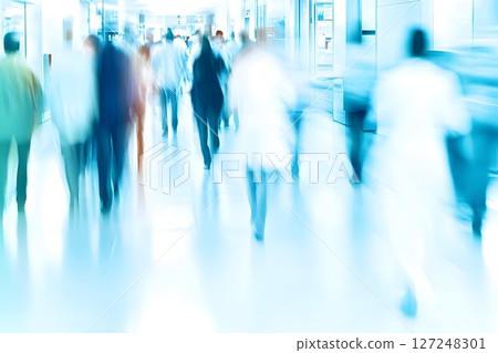 Diverse people walking blurred motion cool tones indoor background 127248301