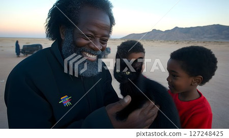 Joyful man and children with black cat outdoors in sunlight 127248425