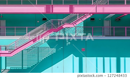 Modern pink metal staircase in teal building interior 127248433