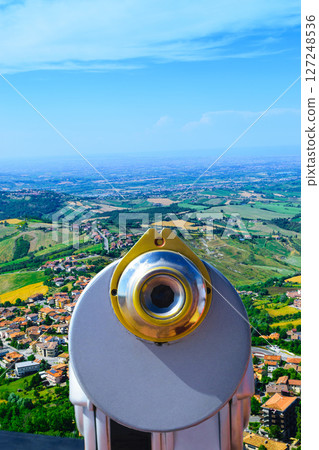 Coin operated telescope in San Marino fortress Coin operated telescope in San Marino fortress 127248536