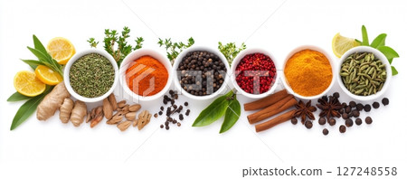 Spices. Different seasoning in cups. Spice background. Herbs, ground spices for cooking on a white backdrop. Top view. Variety of colorful, organic, dried, vibrant condiment. Indian food. Long banner 127248558