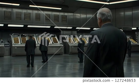 Men in suits observing industrial food processing facility 127248653