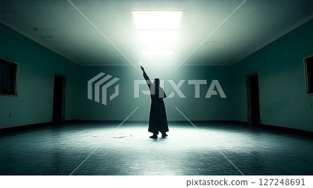 Silhouette reaching for light hope aspiration and inner strength 127248691