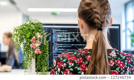 Woman programmer working on computer in modern office setting 127248734
