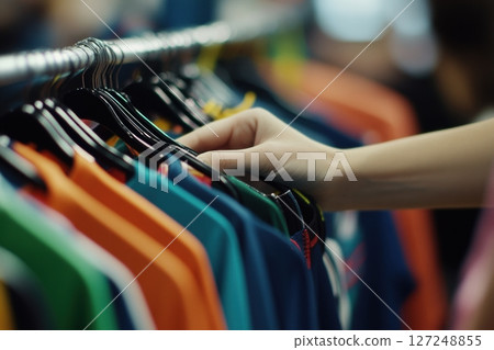 Rack of colorful clothing. Hand of customer choosing, buying clothes in small business fashion clothing store, modern showroom, retail shop, apparel sale. Garment hanging on hangers. Urban lifestyle 127248855
