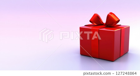 Red gift box on purple color background. Long panoramic horizontal banner with free space for text. Closed glossy shiny product box template tied with red ribbon, bow. Luxury present. Christmas Shop 127248864