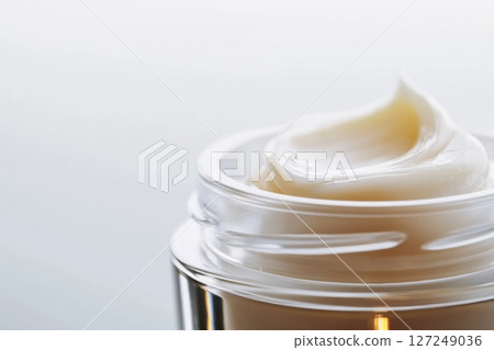 Open Glass Cosmetic Jar with White Face Cream Texture. Mockup Package Template. Light Gray Background. Natural Cosmetics Showing. Beauty Product Mock-up. Skincare, Facial mask. Trendy Bottle. Spa 127249036