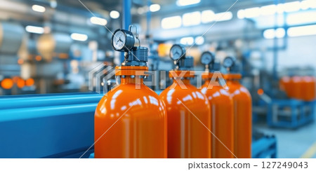 Orange gas tanks. Bundle of gas cylinder and high pressure gauges, meter, valve. Many argon cylinders with compressed oxygen for industry, welding. Fuel manufacturing. Liquefied gas production factory 127249043