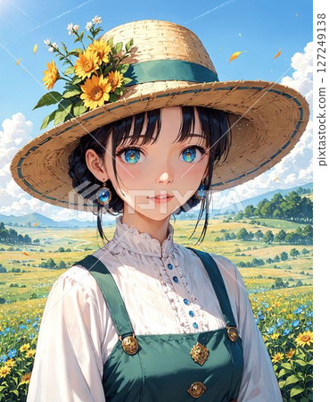 A woman wearing a straw hat standing in a meadow 127249138