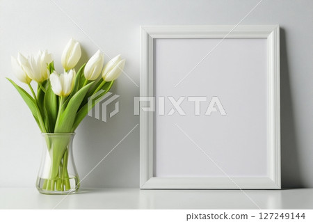 Vertical blank frame mockup in living room interior with light soft shadow. Poster mock up and tulip in vase. Empty picture framework template on a gray wall for artwork, photo or print presentation. 127249144