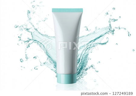 White blank plastic cosmetic tube in light blue water dynamic splashes isolated on white transparent backdrop. Teal package mockup. Hand cream, body lotion, face cleanser. Moisturizing beauty product 127249189