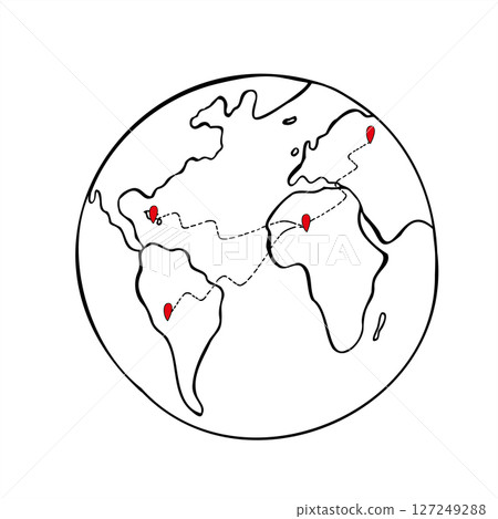 Minimalist vector globe with abstract continents and random red location markers. Global and data visualization, world internet network graphic sketch. For presentations, infographics, websites. Minimalist vector globe with abstract continents and random red location markers. Global and data visualization, world internet network graphic sketch. For presentations, infographics, websites. 127249288