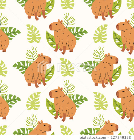 Seamless pattern with funny kawaii capybara and tropical leaf in cartoon flat style, arranged in polka dot order on light background. Seamless pattern with funny kawaii capybara and tropical leaf in cartoon flat style, arranged in polka dot order on light background. 127249358