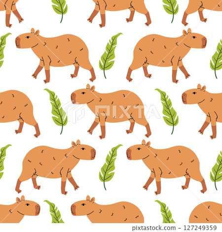 Cartoon flat style seamless pattern with adorable kawaii capybara and exotic leaf in polka dot layout on white background. 127249359