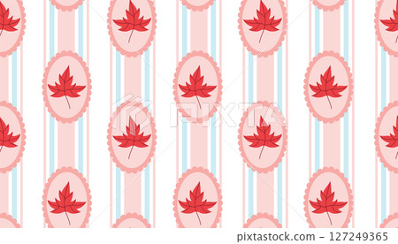 Seamless pattern with pink and blue vertical stripe and red autumn maple leaf in scalloped frame, polka dot order, cottagecore style on white background. 127249365