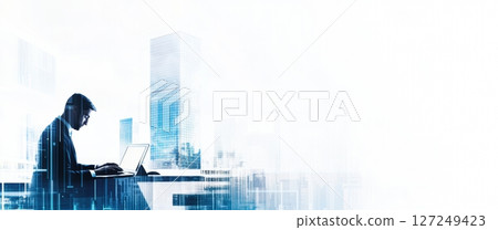 Business man working using laptop computer and city, double exposure. Panoramic banner. Corporate strategy integrates finance, operations and marketing. Digital technology background, internet network 127249423