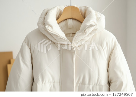 Blank template white down jacket with zipped, front view isolated on white background. Mockup winter jacket for design. Warm Puffer Hanging On Wall. Fashion clothes. Fall apparel. Modern youth style. 127249507