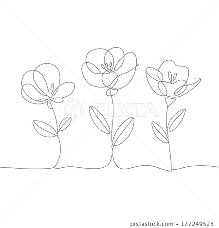 Soft Floral Line Drawing. Gentle hand-drawn flowers created in a subtle continuous line. This floral trio offers a dreamy, airy feel for calm and elegant visuals. 127249523