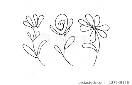 Playful Floral Line Drawing. Three cheerful flowers drawn with expressive, lively linework. 127249526