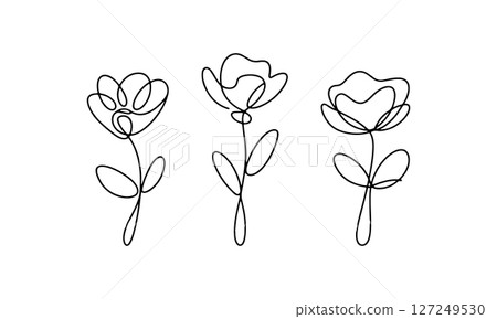 Minimal Line Flower Set. A clean trio of abstract flowers drawn in a continuous line. Minimal Line Flower Set. A clean trio of abstract flowers drawn in a continuous line. 127249530