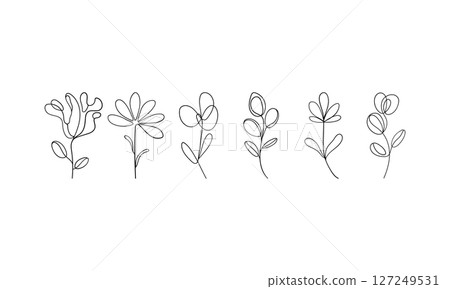 Delicate Line Flower Collection. A soft and simple set of five abstract flowers drawn in a continuous line. Delicate Line Flower Collection. A soft and simple set of five abstract flowers drawn in a continuous line. 127249531