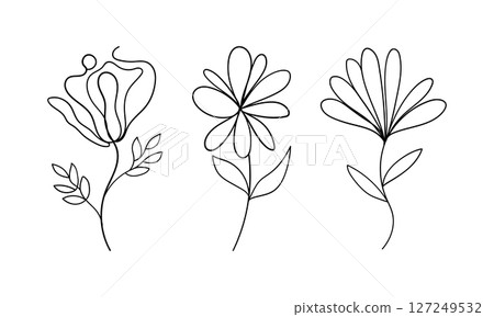 Stylized Botanical Line Trio. A creative trio of stylized flowers drawn in continuous line style. Stylized Botanical Line Trio. A creative trio of stylized flowers drawn in continuous line style. 127249532