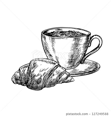 A cup of coffee and a croissant French bun. Vector black-and-white hand-drawn illustration. Isolate on a white background. For packaging, logos and labels. For banners, flyers, menus, posters and more A cup of coffee and a croissant French bun. Vector black-and-white hand-drawn illustration. Isolate on a white background. For packaging, logos and labels. For banners, flyers, menus, posters and more 127249588