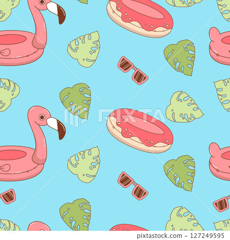 Beach Seamless pattern. Cute summer Toy inflatable pink flamingo and donut on blue background with tropical leaves and sunglasses. Vector illustration. Kids collection 127249595