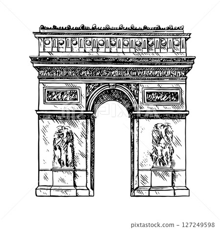 The Arc de Triomphe of the Star. Vector graphics, black and white hand-drawn illustration. Isolate on a white background. A famous monument in Paris, France. For banners, flyers, and posters. 127249598