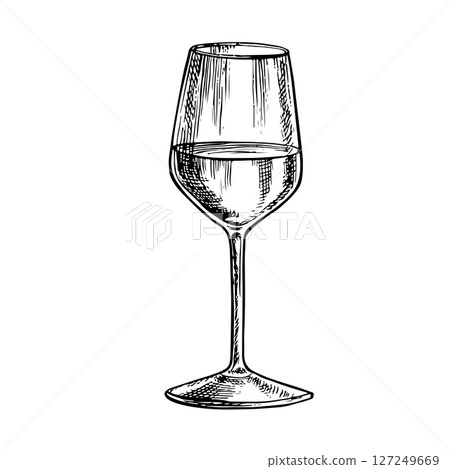 A glass of wine. Vector graphics, black and white hand-drawn illustration. Isolate on a white background. For packages and labels. For banners and posters. For the menu of restaurants and bars. A glass of wine. Vector graphics, black and white hand-drawn illustration. Isolate on a white background. For packages and labels. For banners and posters. For the menu of restaurants and bars. 127249669