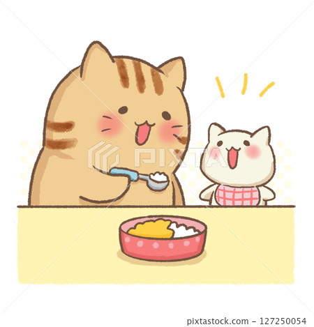 Brown tabby cat trying to feed baby food to a child 127250054