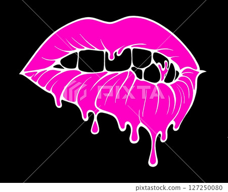 Linear drawing of lips with colored flowing lipstick . Dripping lipstick in comic book style. 127250080