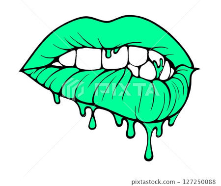 Linear drawing of lips with colored flowing lipstick . Dripping lipstick in comic book style. 127250088