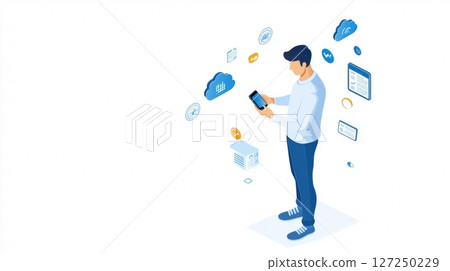 Man using smartphone, cloud computing, data management, isometric illustration Man using smartphone, cloud computing, data management, isometric illustration 127250229
