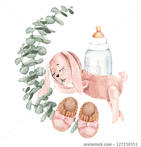 Baby Girl cute composition. Pink Booties, plush Bunny Toy, Bottle for milk and eucalyptus branches. Watercolor hand drawn kid illustration in eco style. For baby shower, Its a girl or gender reveal 127250351