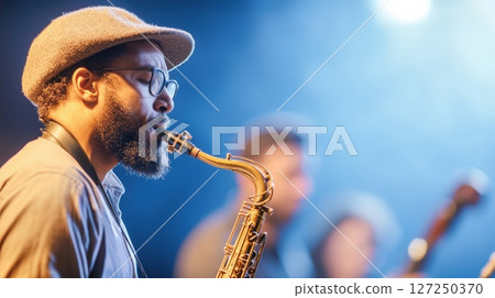 Soulful saxophonist bluesy jazz performance 127250370
