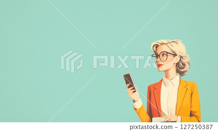 Stylish woman using smartphone retro illustration 127250387