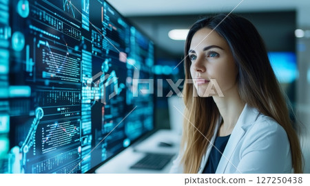 Woman analyzing data on multiple screens 127250438