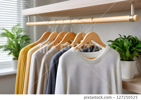 Warm sweaters hanging on wooden hangers in contemporary walk-in closet Warm sweaters hanging on wooden hangers in contemporary walk-in closet 127250525