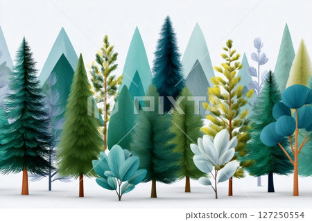 Lush green forest growing in front of stylized mountains 127250554