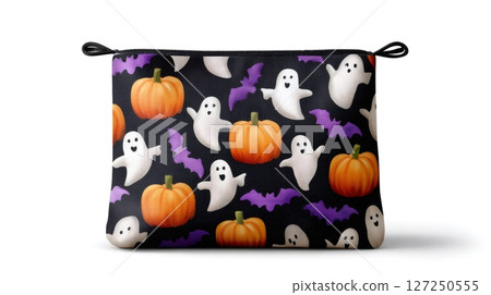 Halloween ghosts and pumpkins repeating pattern printed on black cosmetic bag 127250555