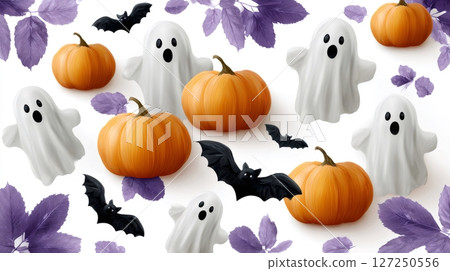 Cute ghosts and pumpkins flying on white background with purple leaves and black bats for Halloween 127250556