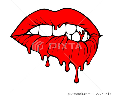 Linear drawing of lips with colored flowing lipstick . Dripping lipstick in comic book style. 127250617